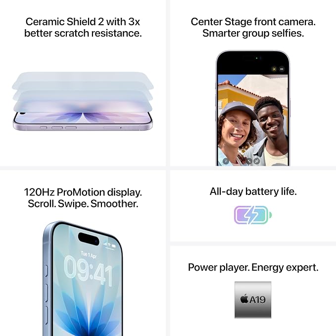 Apple iPhone 17 256 GB: 6.3-inch Display with ProMotion, A19 Chip, Center Stage Front Camera for Smarter Group Selfies, Improved Scratch Resistance, All-Day Battery Life; White