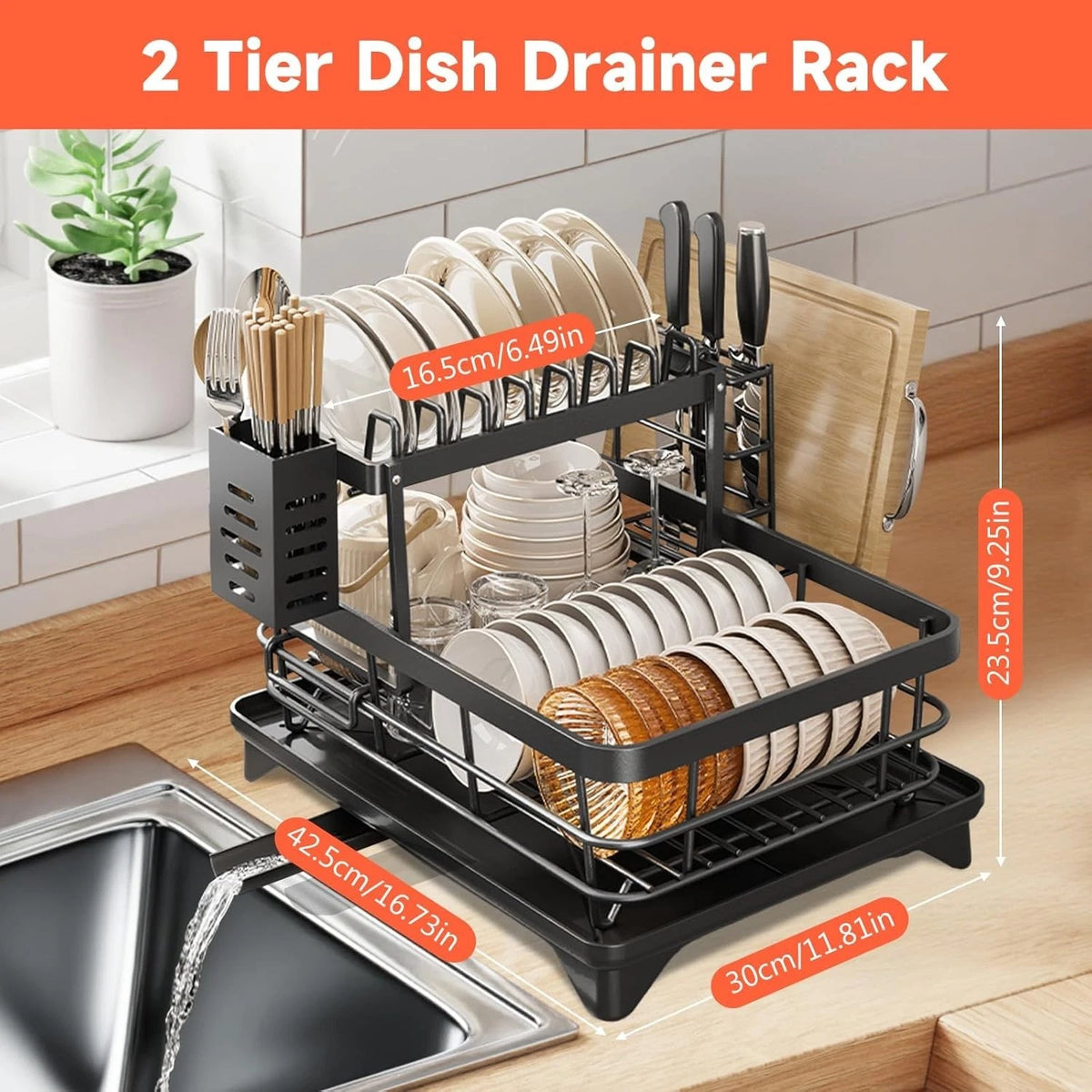 2 Tier Dish Drying Rack with Drip Tray & Cutlery Holder – Black