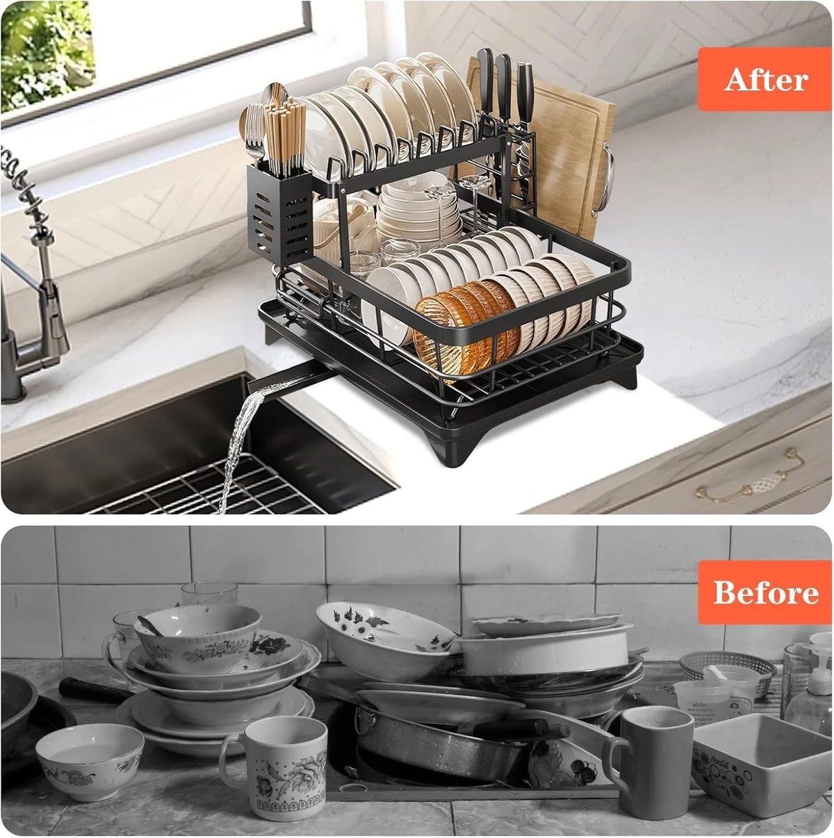 2 Tier Dish Drying Rack with Drip Tray & Cutlery Holder – Black