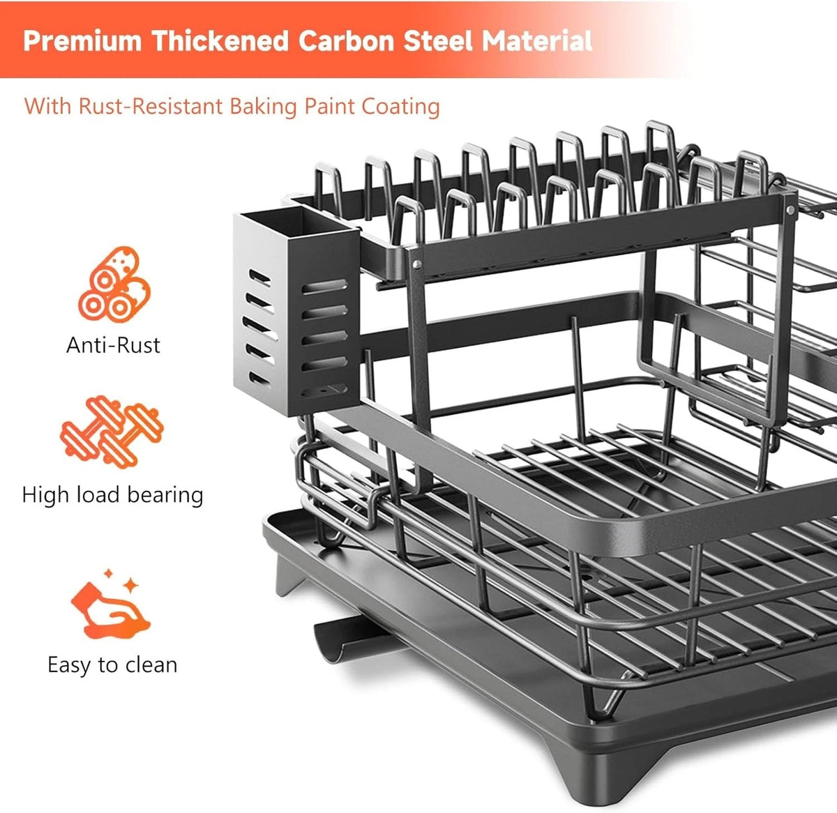 2 Tier Dish Drying Rack with Drip Tray & Cutlery Holder – Black