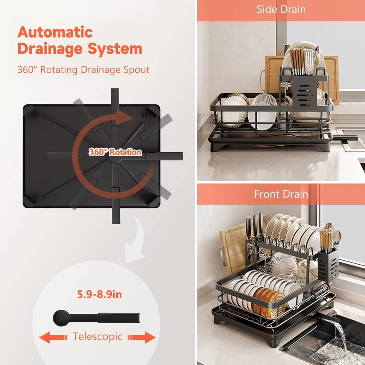 2 Tier Dish Drying Rack with Drip Tray & Cutlery Holder – Black