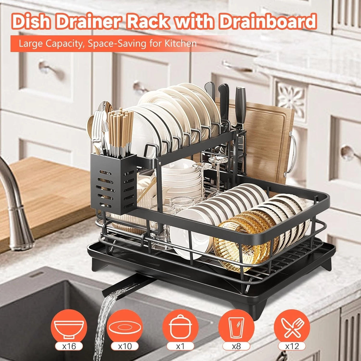 2 Tier Dish Drying Rack with Drip Tray & Cutlery Holder – Black