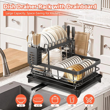 2 Tier Dish Drying Rack with Drip Tray & Cutlery Holder – Black