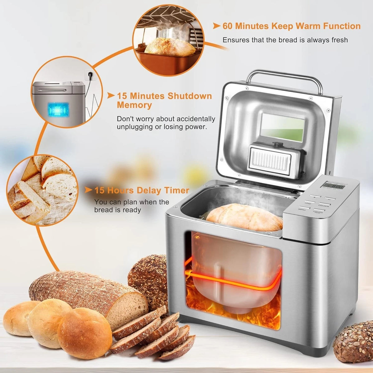 KITCANIS 19-in-1 Bread Maker Machine – 2.2lb Stainless Steel with Nut Dispenser