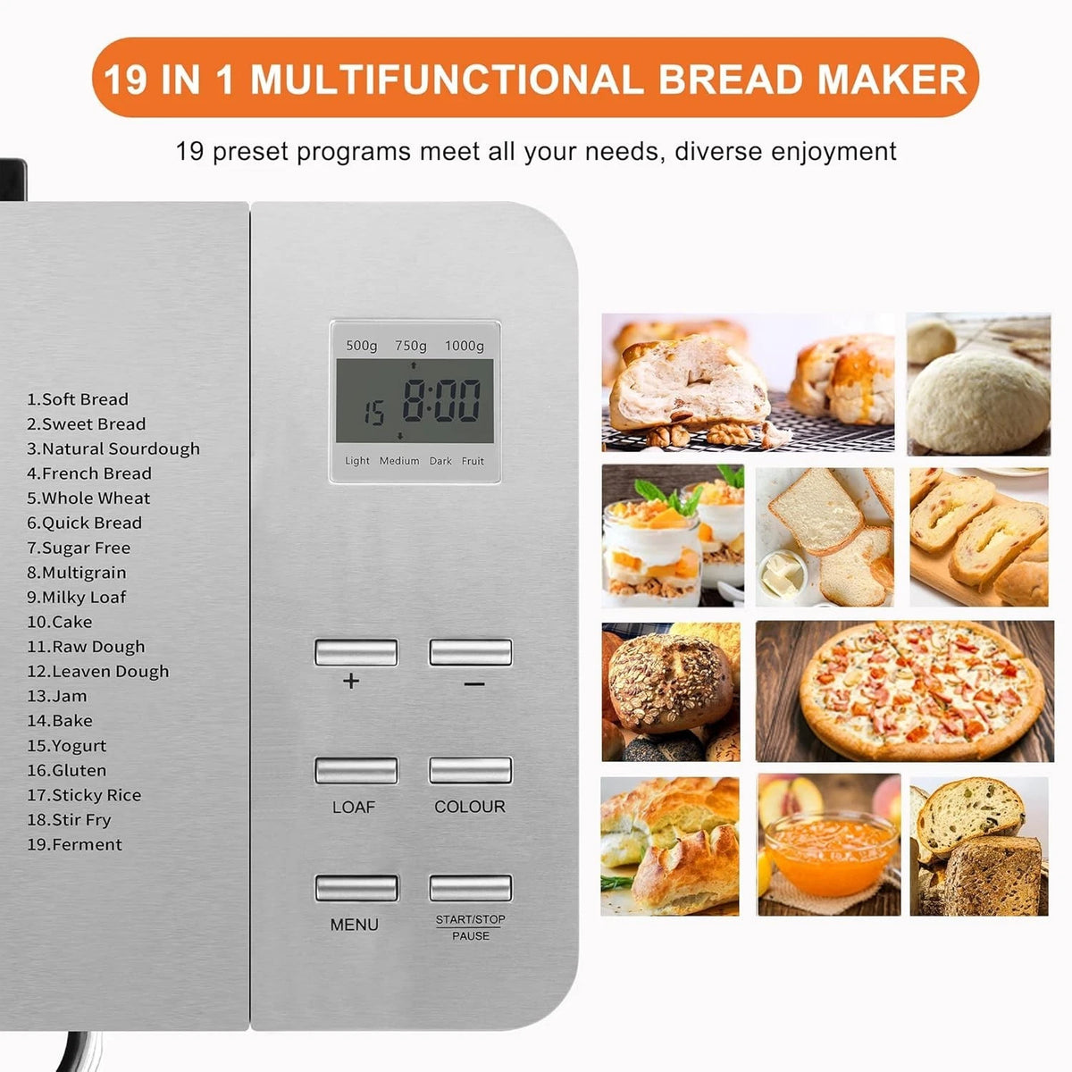 KITCANIS 19-in-1 Bread Maker Machine – 2.2lb Stainless Steel with Nut Dispenser