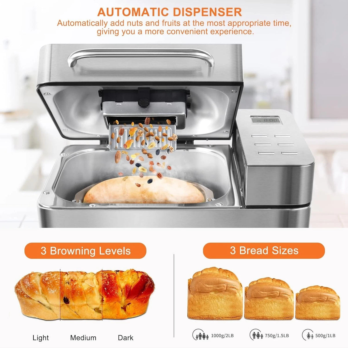 KITCANIS 19-in-1 Bread Maker Machine – 2.2lb Stainless Steel with Nut Dispenser
