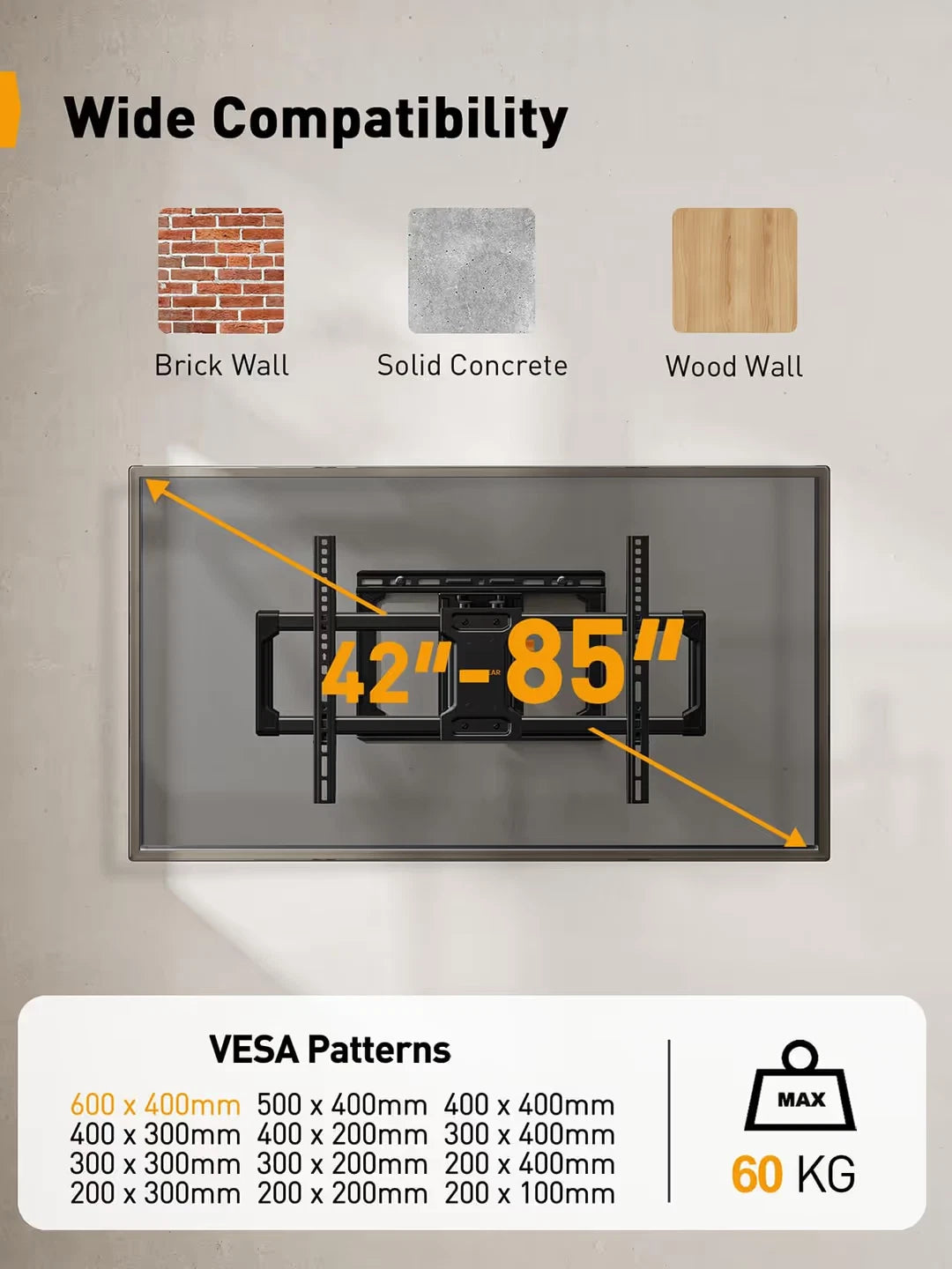 Perlegear Full Motion TV Wall Mount 42–85 Inch – Up to 60kg