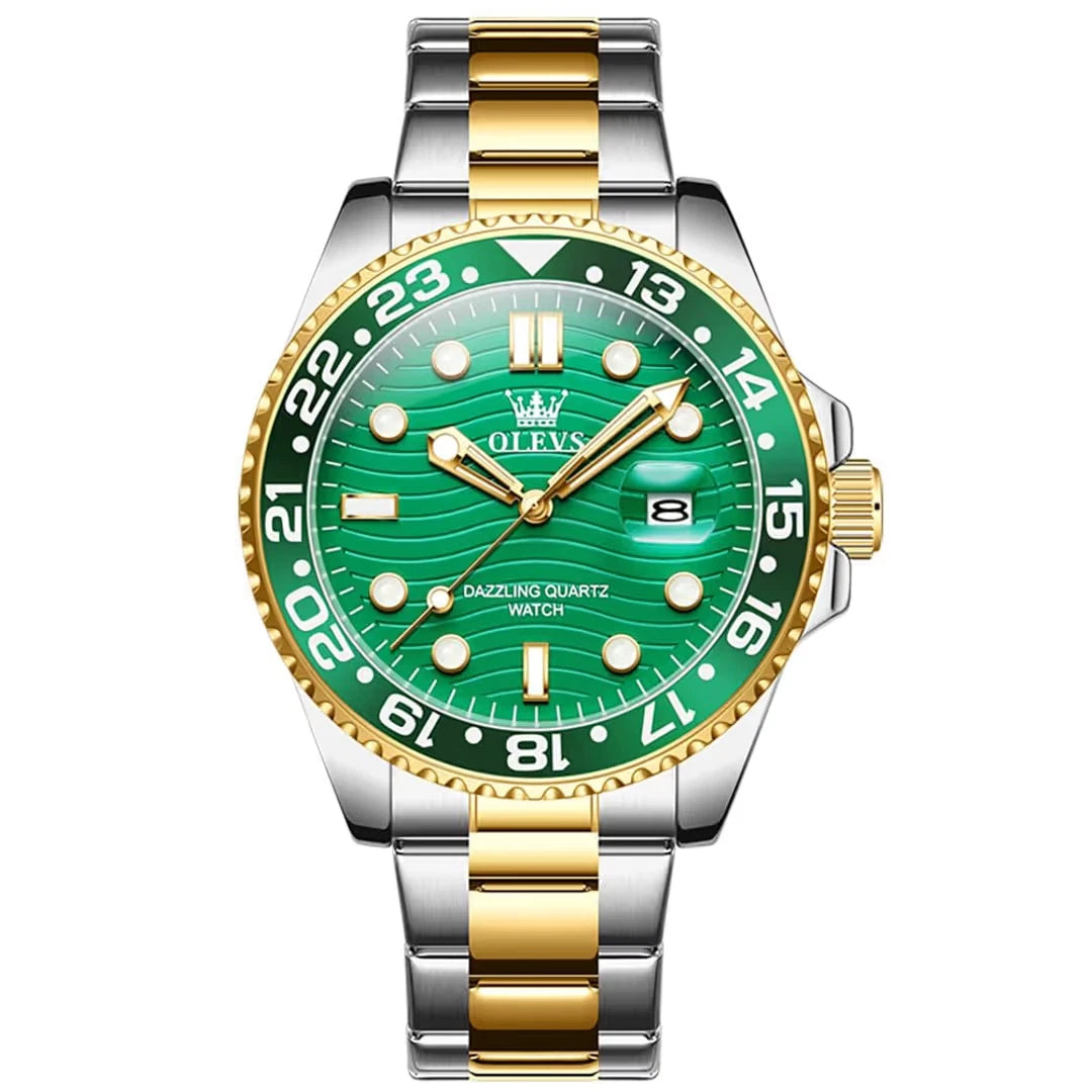 OLEVS Men's Two Tone Quartz Watch – Green Dial Stainless Steel Bracelet