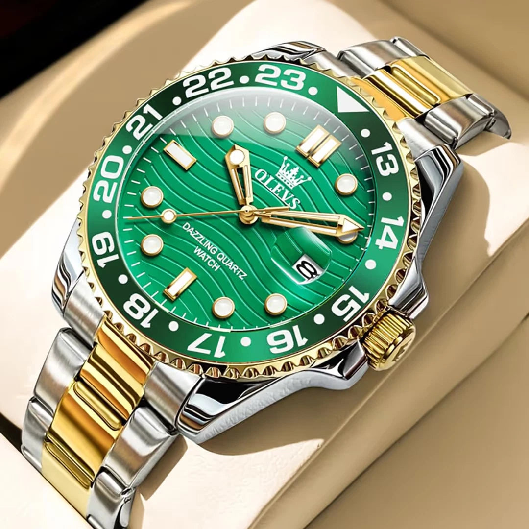 OLEVS Men's Two Tone Quartz Watch – Green Dial Stainless Steel Bracelet