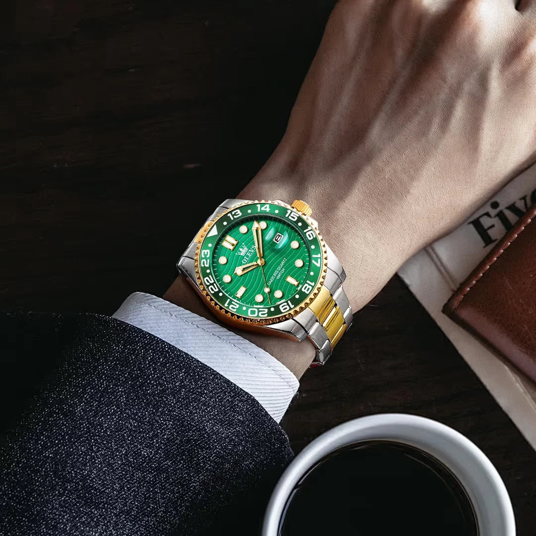 OLEVS Men's Two Tone Quartz Watch – Green Dial Stainless Steel Bracelet