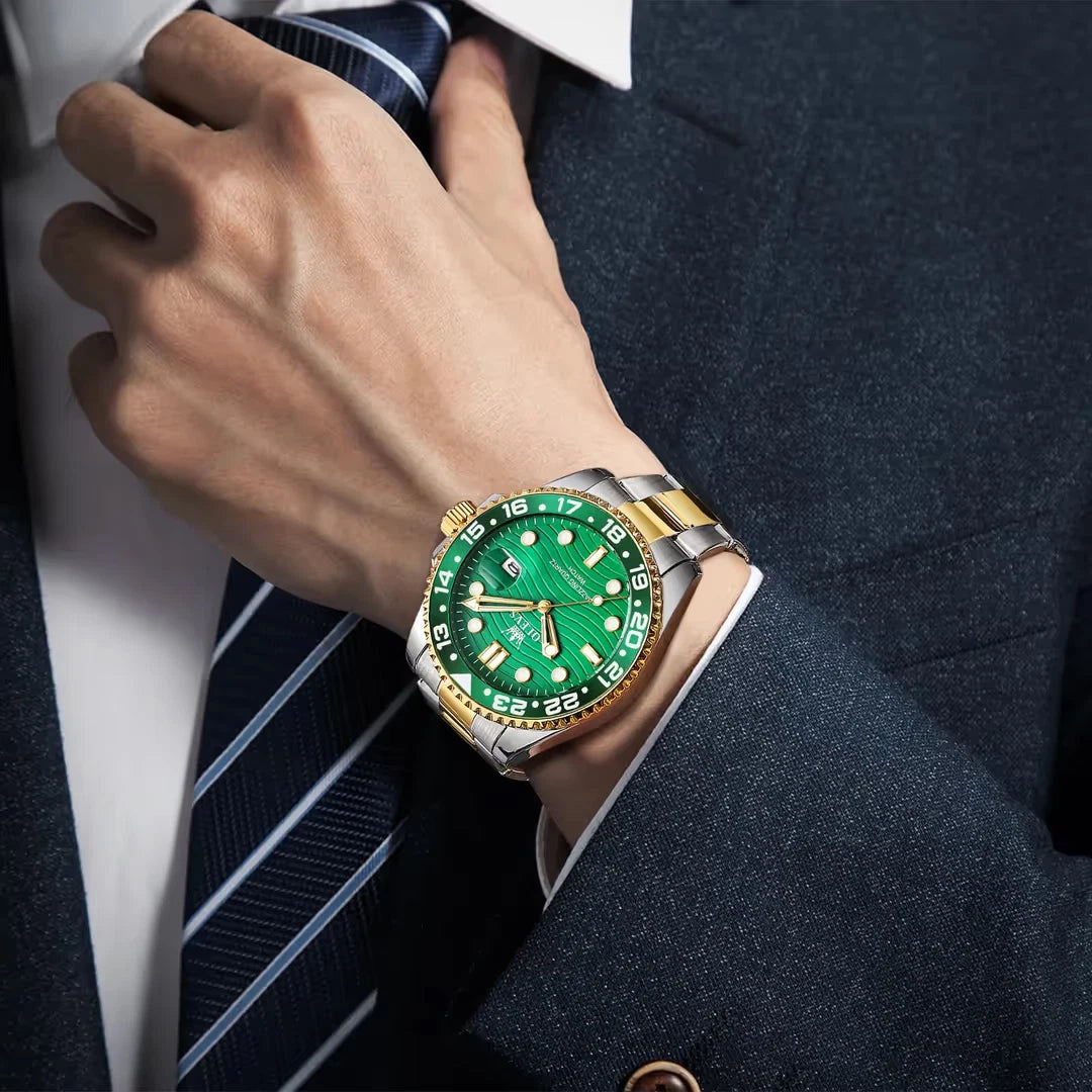 OLEVS Men's Two Tone Quartz Watch – Green Dial Stainless Steel Bracelet
