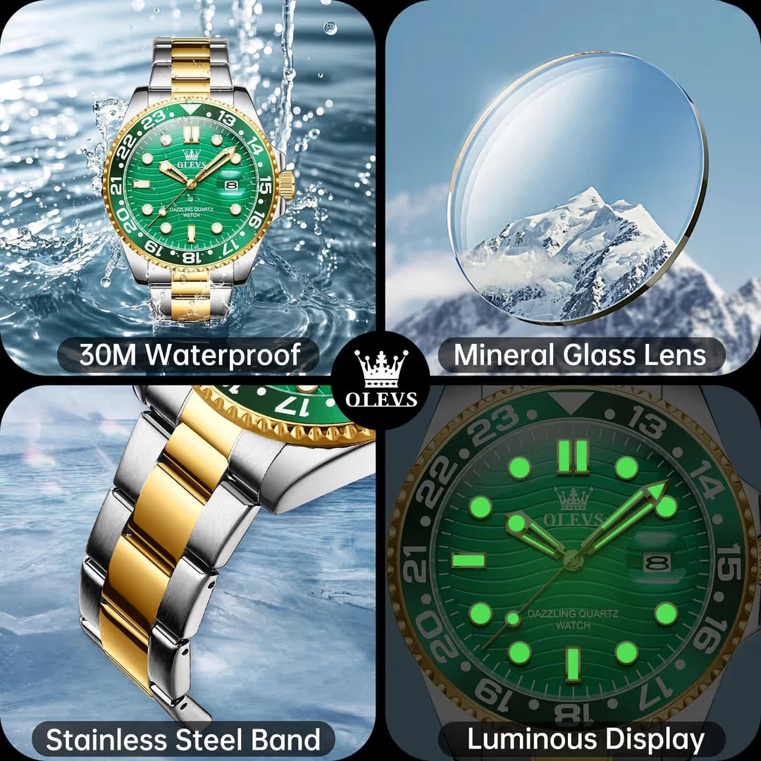 OLEVS Men's Two Tone Quartz Watch – Green Dial Stainless Steel Bracelet