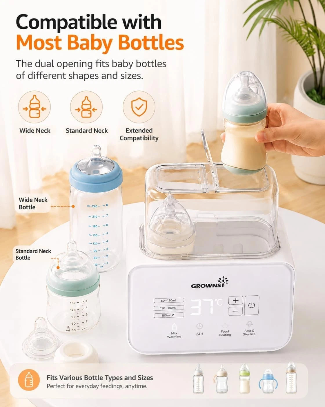 GROWNSY 10-in-1 Baby Bottle Warmer & Steriliser – Fast Milk & Food Warmer with LCD Display, 24H Keep Warm & Defrost